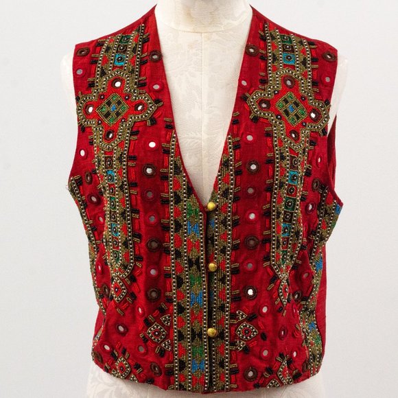 Vintage 70s M Silk Boho Beaded Vest Crop Top Red - Picture 11 of 11